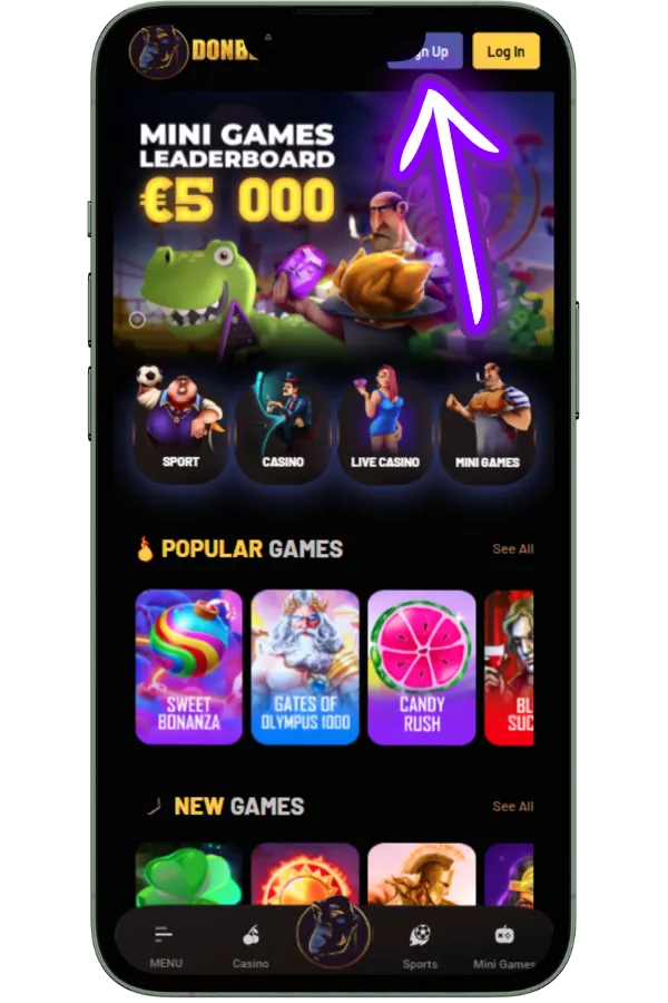 Click Sign Up or Register Donbet
